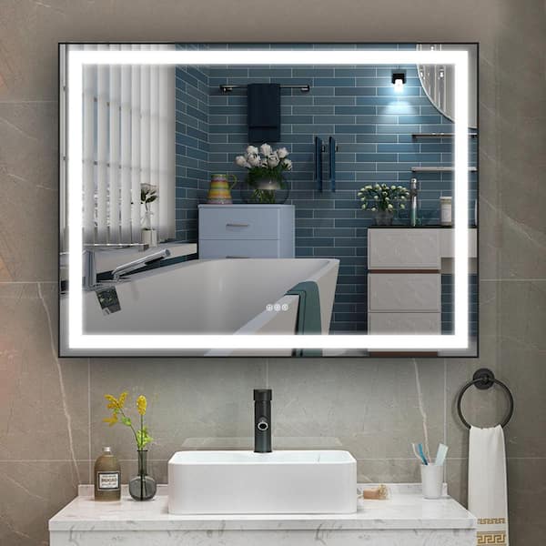 FORCLOVER 48 in. W x 36 in. H Rectangular Aluminum Framed Anti-Fog Dimmable LED Wall Mounted Bathroom Vanity Mirror in Matte Black