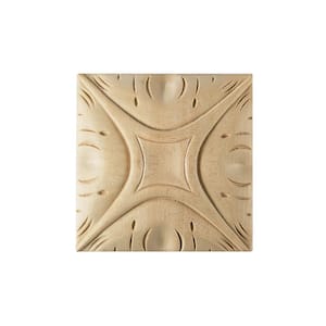 Square Rosette Applique - Large, 3.5 in. x 3.5 in. - Hand Carved Unfinished Alder Wood - DIY Elegant Home Design Accent