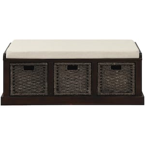 Espresso Rustic Entryway Storage Bench with Removable Cushion, Wood Bedroom Entrance Bench with 3 Removable Baskets