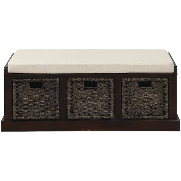 ANBAZAR Espresso Rustic Entryway Storage Bench with Removable Cushion, Wood Bedroom Entrance Bench with 3 Removable Baskets