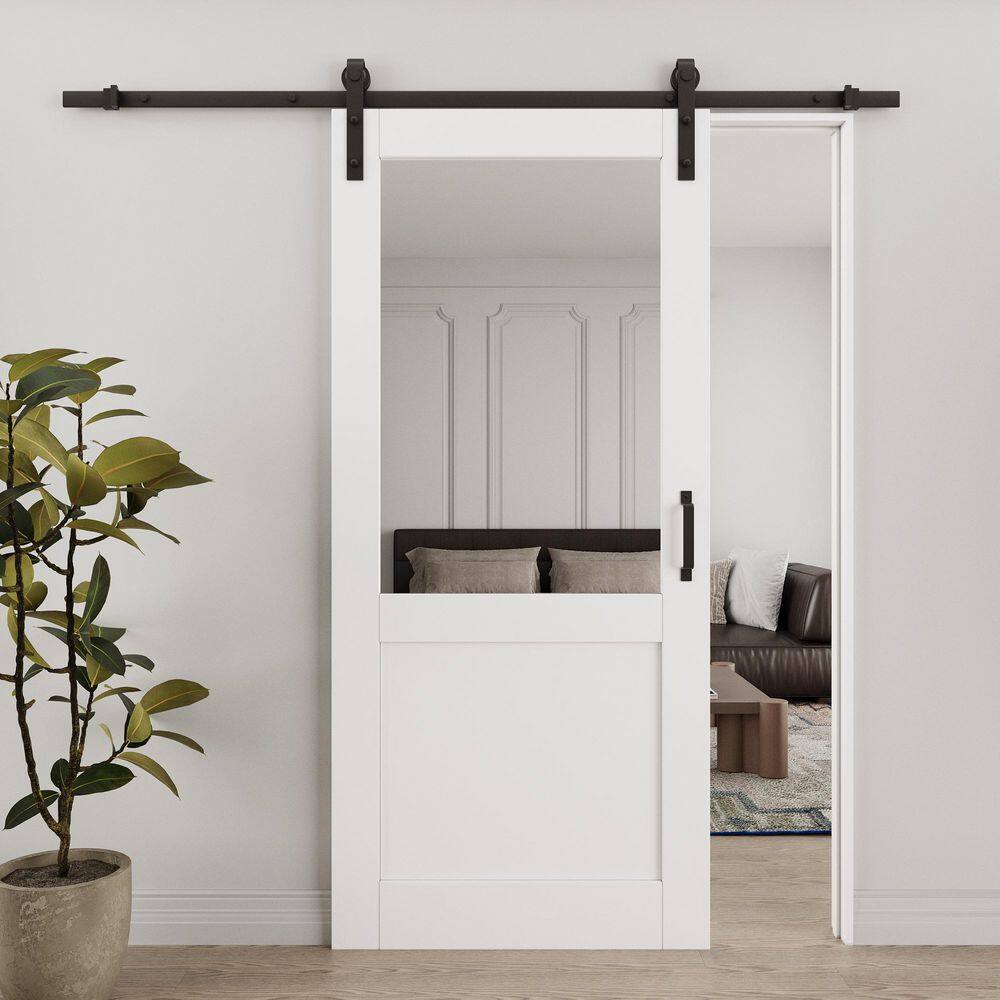 36 in. x 80 in. No Assembly Required 1/2-Lite Mirrored Glass White Primed MDF Sliding Barn Door with Hardware Kit price history on PriceWatchPro