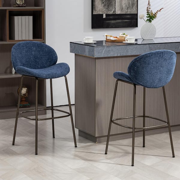 Benedetta Blue Linen Upholstered Fabric Bar Stool with Black Iron Legs, Set of 2