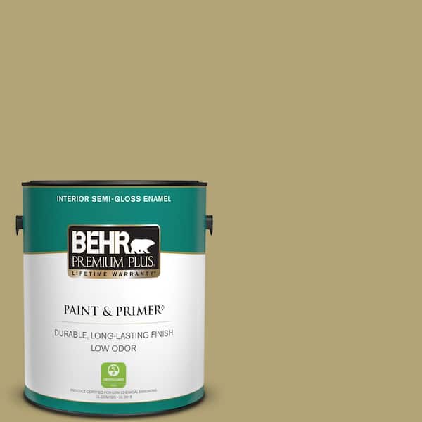 BEHR PREMIUM PLUS 1 gal. #PMD-101 Green Fig Semi-Gloss Enamel Low Odor Interior Paint & Primer