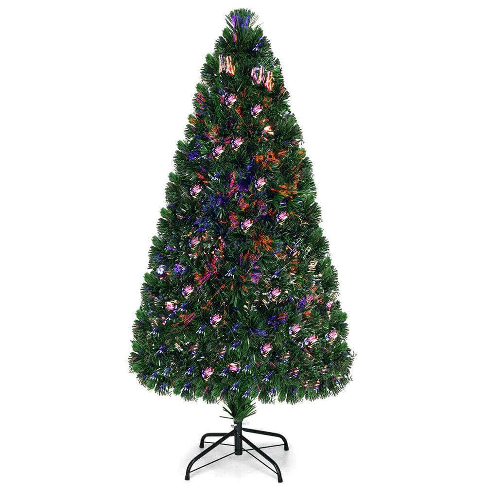 Costway - 5Ft Pre-Lit Fiber Optic PVC Christmas Tree Metal Holiday - Green