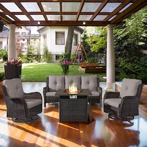 4-Piece Brown Wicker Fire Pit Conversation Set with Olefin Gray Cushions and Curved Arm Swivel Glider Chairs