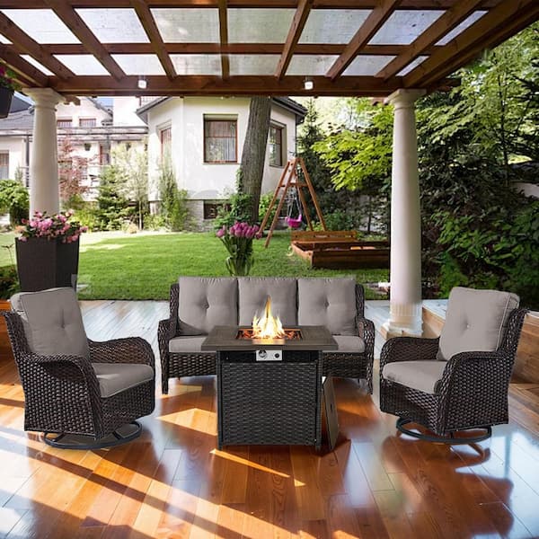 moosprr 4-Piece Brown Wicker Fire Pit Conversation Set with Olefin Gray Cushions and Curved Arm Swivel Glider Chairs