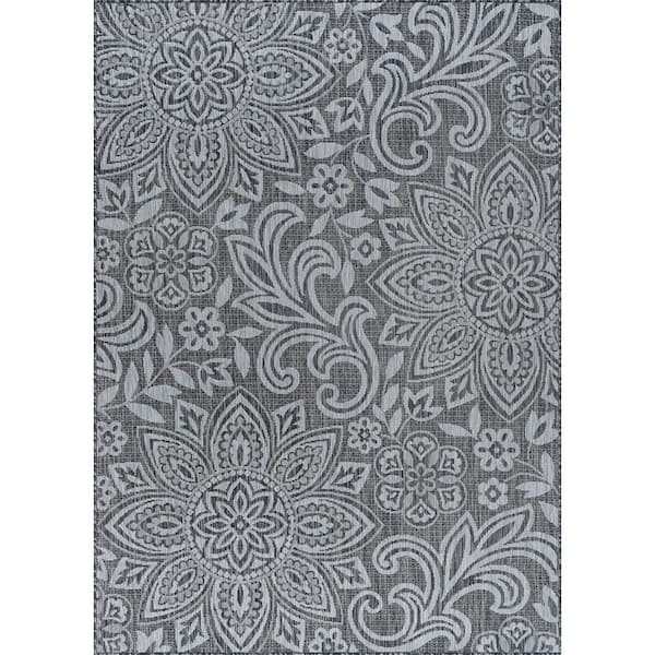 Tayse Rugs Veranda Floral Charcoal 8 ft. x 10 ft. Indoor/Outdoor Area Rug