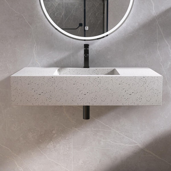 39 in. x 20 in. x 8 in. Terrazzo Solid Surface Wall-Mounted Bathroom Vessel Sink in White with Faucet Hole