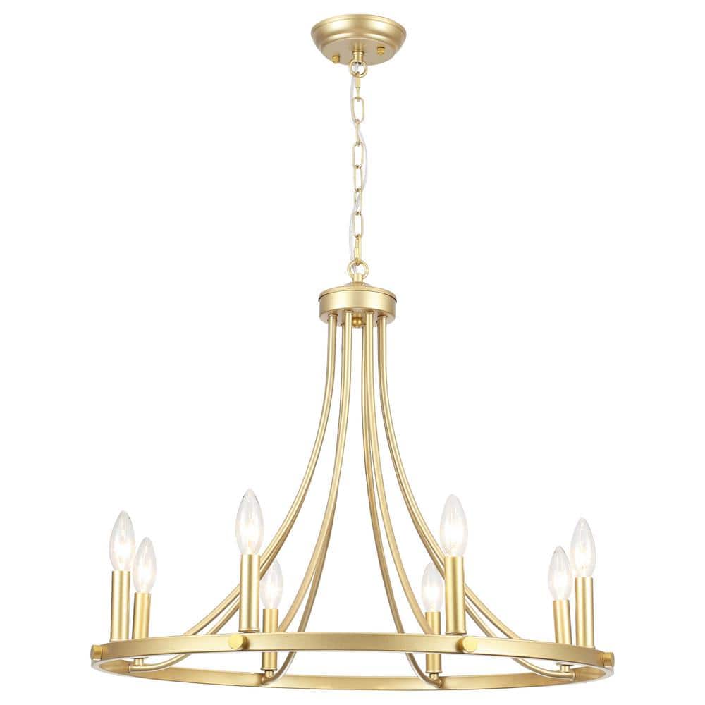 8-Light Gold Farmhouse Wagon Wheel Chandelier Candle Style Light Fixture