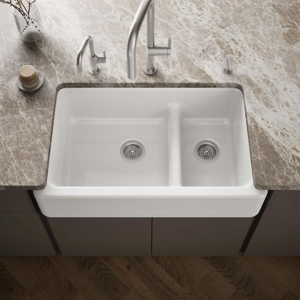 Whitehaven Undermount Farmhouse Apron Front Cast Iron 36 in. Double Bowl Smart Divide Kitchen Sink White Hayridge Design