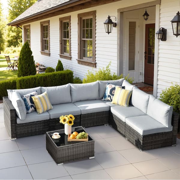 OVIOS HOPPISH Gray 7-Piece Wicker Patio Conversation Set with Gray Cushions