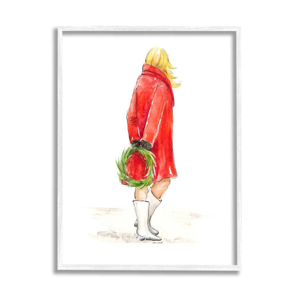 Fashion Red Jacket Christmas Woman with Wreath by Lanie Loreth Framed Print Abstract Texturized Art 24 in. x 30 in -  Stupell Industries, ai-644_wfr24x30