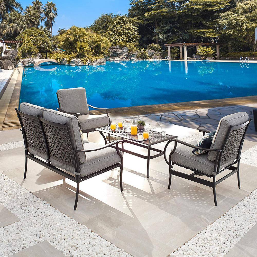 Gray Cushioned 4-Piece Steel Patio Conversation Set