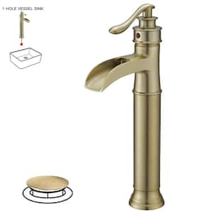 Waterfall Single Handle Bathroom Vessel Sink Faucet Farmhouse Vanity Bowl Tall Lavatory With Metal Drain in Brushed Gold