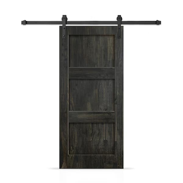 CALHOME 32 in. x 96 in. 3 Panel Shaker Hollow Core Charcoal Black Stained Pine Wood Interior Sliding Barn Door with Hardware Kit