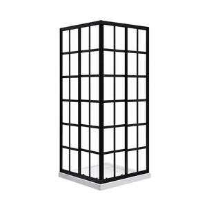 Marissa 35.08 in. W x 78.74 in. H Square Sliding Framed Corner Shower Enclosure in Black Finish with Silk Screen Glass