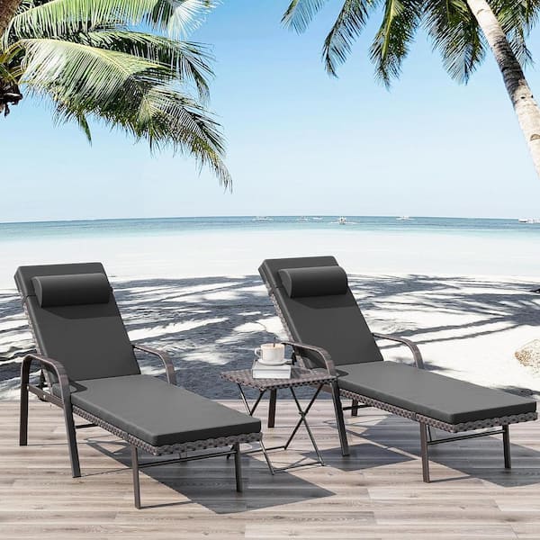 Halmuz 3-Piece Wicker Outdoor Folding Chaise Lounge with Table, Armrest and Cushion Navy Blue