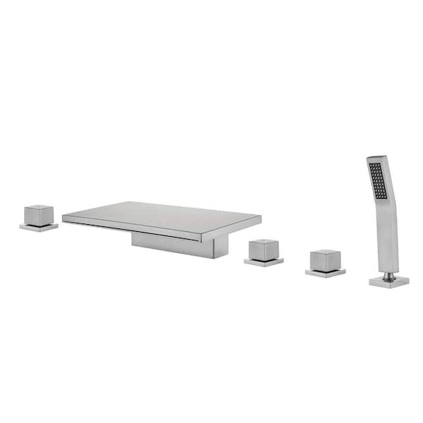 3-Handle Deck-Mount Roman Tub Faucet with Hand Shower Modern Brass 5 Hole Waterfall Bathtub Faucets in Brushed Nickel