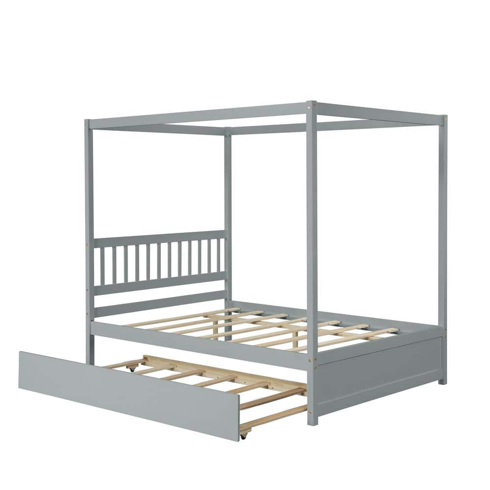 URTR 57 in. W Gray Wood Frame Full Size Canopy Bed with Trundle