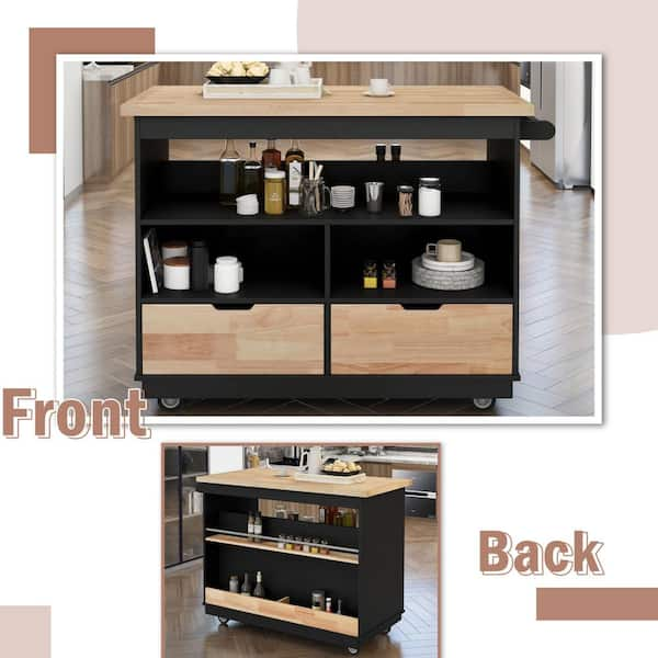 Walsunny Kitchen Storage Island Cart with 3 Open Shelves, 2 Drawers and 2  Cabinets, Kitchen Cart on Wheels with Handle/Towel Rack Black 