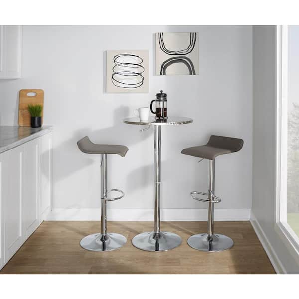 Lumisource Bistro Round-Ale 3-Piece Chrome Metal, Grey Faux Leather, and Silver Metal Top Bar Set