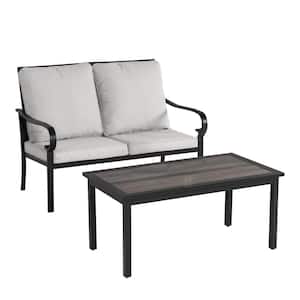 Black 2-piece Metal Patio Conversation Sectional Seating Set with Gray Cushions for Garden, Backyard, Balcony