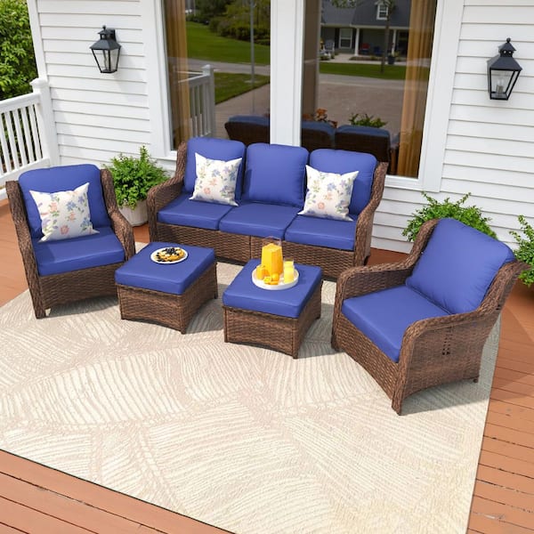 Brown 5-Piece Wicker Outdoor Sofa Couch Patio Conversation Set with Navy Blue Cushions
