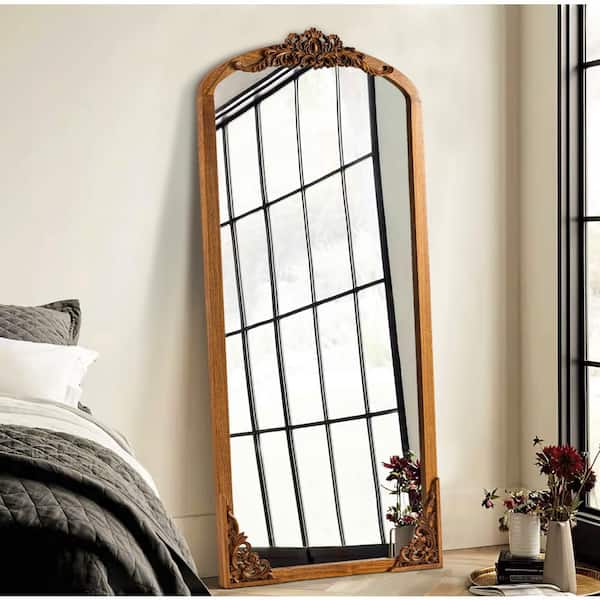 Lirago 30 in. W x 69 in. H Rustic Arched Solid Wood Framed DIY Carved Full Length Mirror