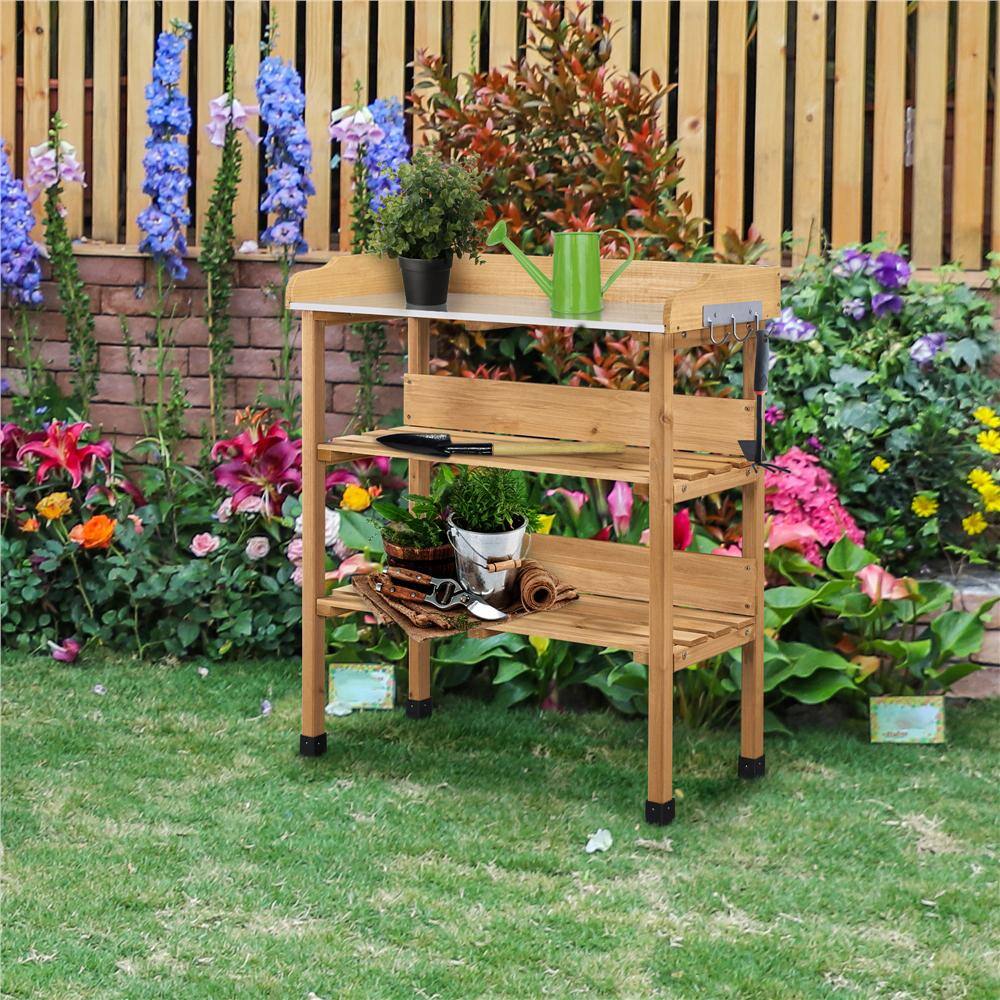 Natural Wood Outdoor Potting Bench with Storage Shelves