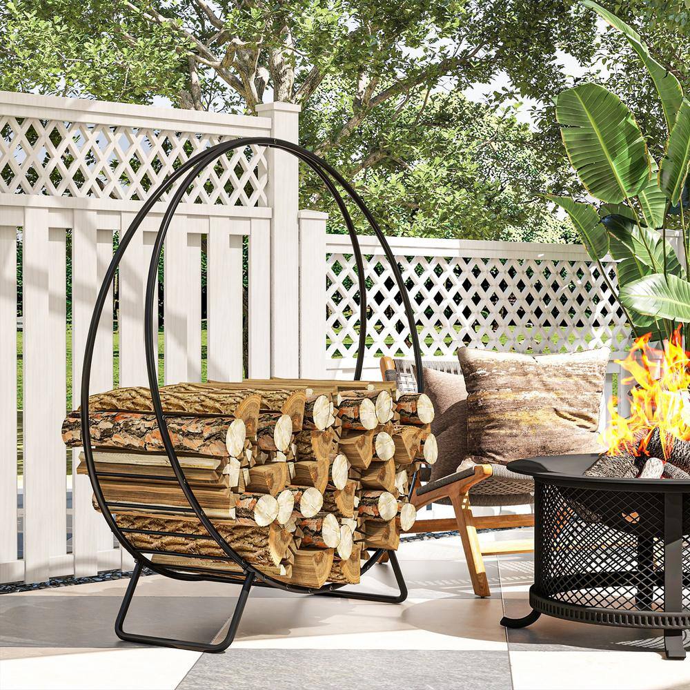 48" Black Powder-Coated Steel Firewood Rack with Waterproof Cover