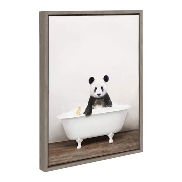 Sylvie "Panda Waving in Rustic Bath" by Amy Peterson Art Studio Gray Framed Art Print 18 in. x 24 in.