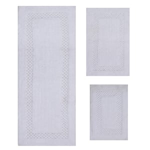 Classy 100% Cotton Bath Rugs Set, Machine Wash, 3-Pcs Set with Runner, White