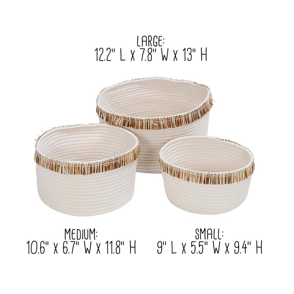 Set of 3 White Cotton Rope Round Baskets with Fringe
