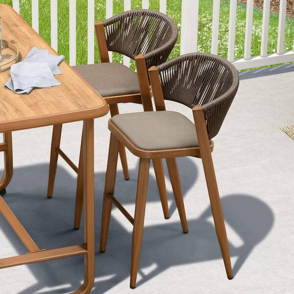 PURPLE LEAF Modern Aluminum Low Back Rattan Bar Height Outdoor Bar Stool with Backrest and Brown Cushion (2-Pack)