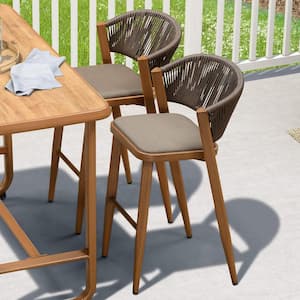 Modern Aluminum Low Back Rattan Bar Height Outdoor Bar Stool with Backrest and Brown Cushion (2-Pack)
