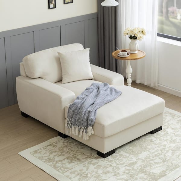 Harper & Bright Designs Cream Velvet Upholstered Square Arm Chaise Lounge, Sleeper Sofa with Pillow, Solid Wood Legs