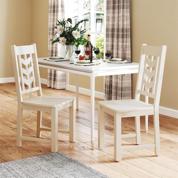 White Dining Chair with Rubber Wood Frame and Leaf-shape High Back for Kitchen Cream Set of 2