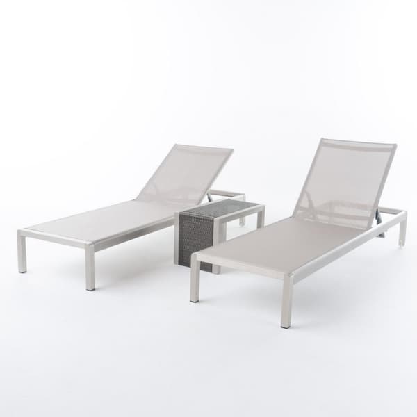 Noble House Valentina Silver Adjustable 3-Piece Metal Outdoor Chaise Lounge Set