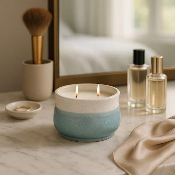 6 in. Light Blue Stoneware Sandalwood Scented 2-Wick Candle 12 oz