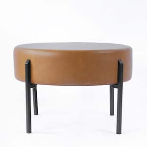 Carmel Faux Leather Round Decorative Ottoman with Metal Legs