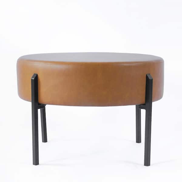 Homepop Carmel Faux Leather Round Decorative Ottoman with Metal Legs