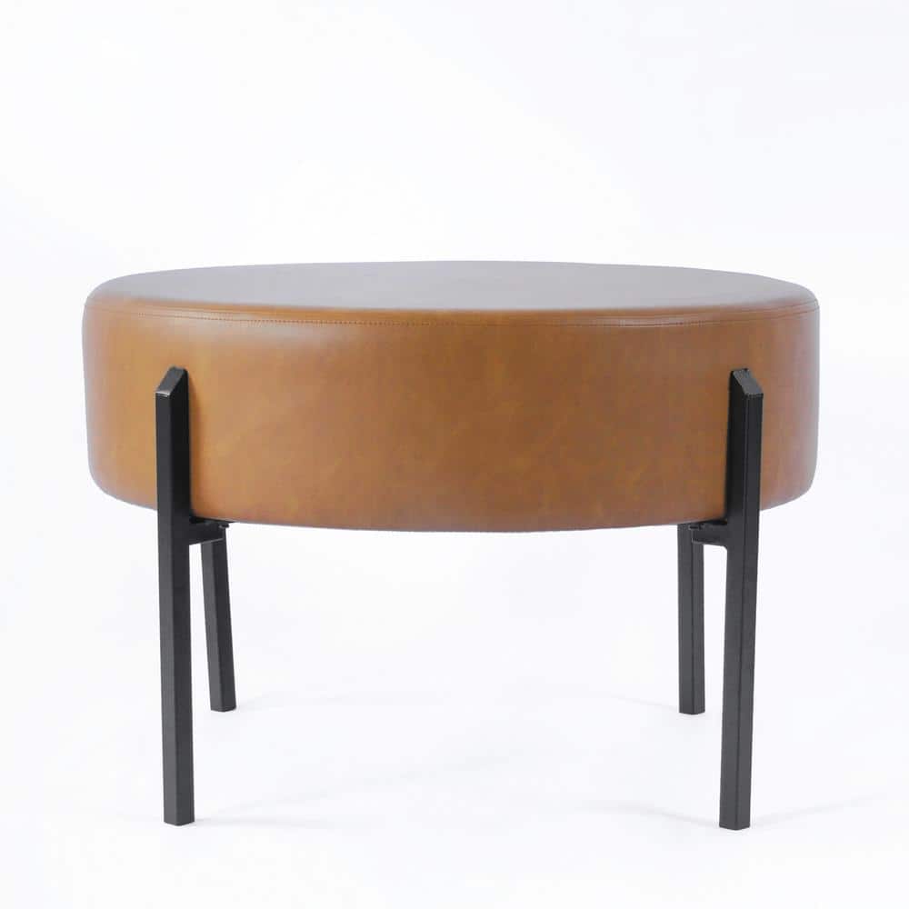 Carmel Faux Leather Round Ottoman with Black Metal Legs