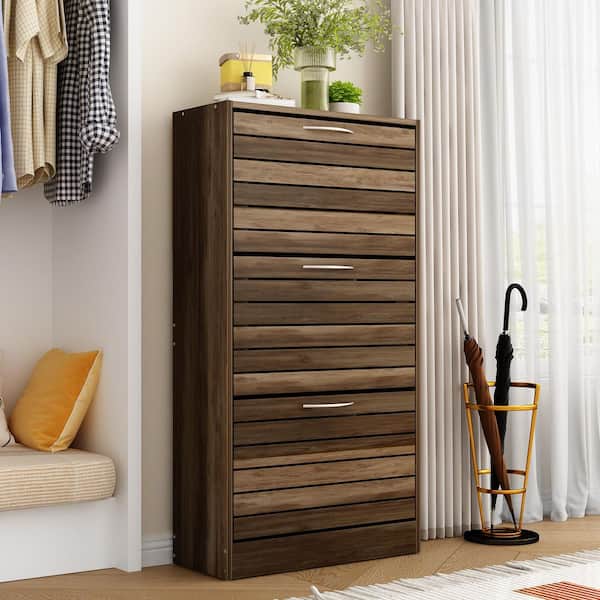 FUFU&GAGA 42.3 in. H x 22.4 in. W Brown Wood Grain Environment-Friendly High-Quality Particle Board Shoe Storage Bench, 3 Drawers