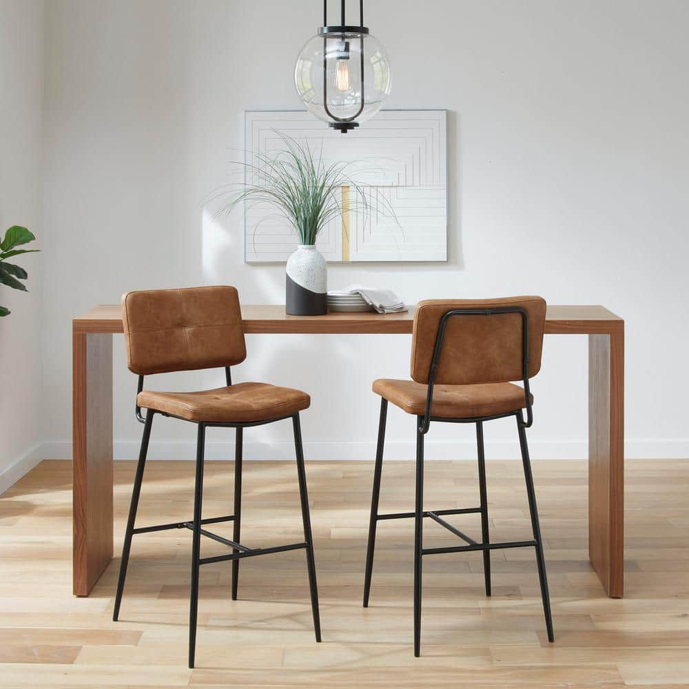 Industrial Bar Stool Minimal Cognac/Black PU Leather 77CM - Furnwise