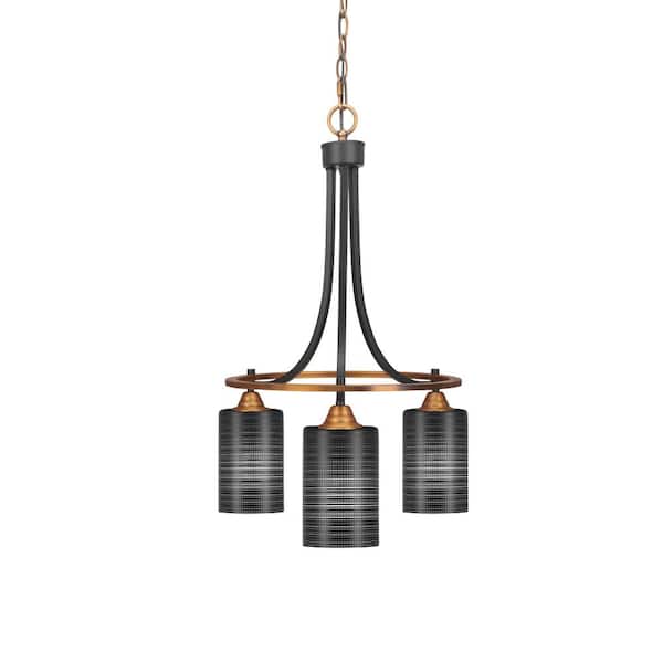 Unbranded Madison 3-Light Matte Black and Brass Round Chandelier with 4 in. Black Matrix Glass Shades, No bulbs included