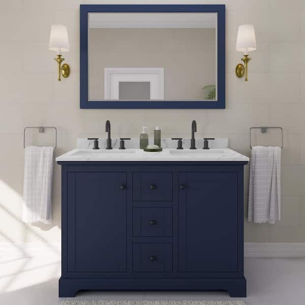 Wyndham Collection Avery 48 in. W x 22 in. D x 35 in. H Double Bath Vanity in Dark Blue with Giotto Quartz Top
