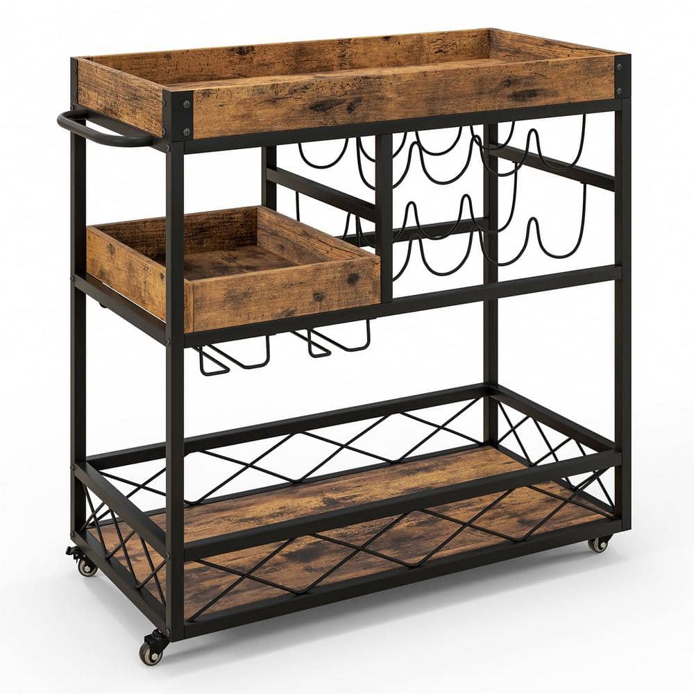 Bunpeony 3Tier Brown Rolling Kitchen Cart with Removable Tray and Wine