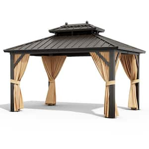 13 ft. x 10 ft. Double Roof Hardtop Gazebo for Patio with Galvanized Steel Roof, Brown Curtains and Netting