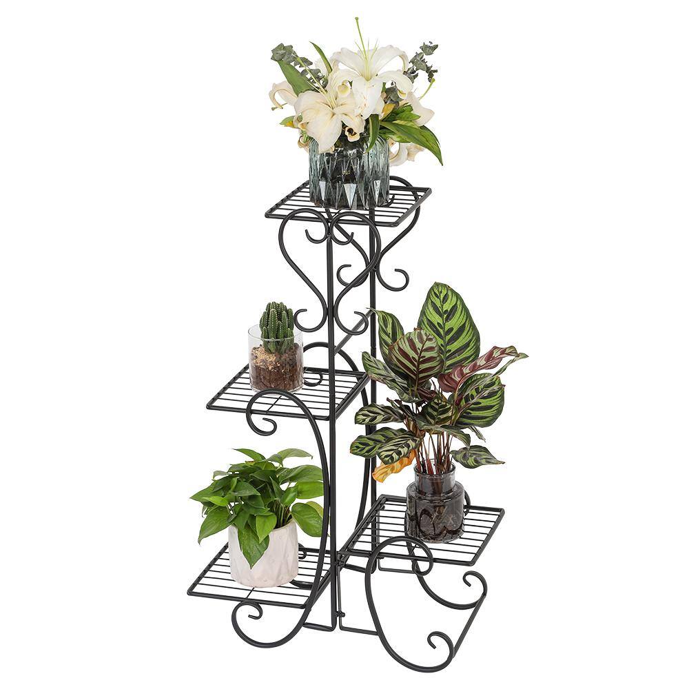 Black Metal 4-Potted Square Flower Plant Stand for Indoor Outdoor