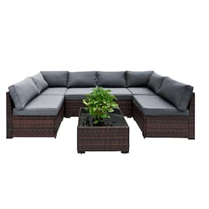 7-Piece Wicker Weather Resistant Outdoor Furniture Set with Dark Gray Thick Cushions and Coffee Table